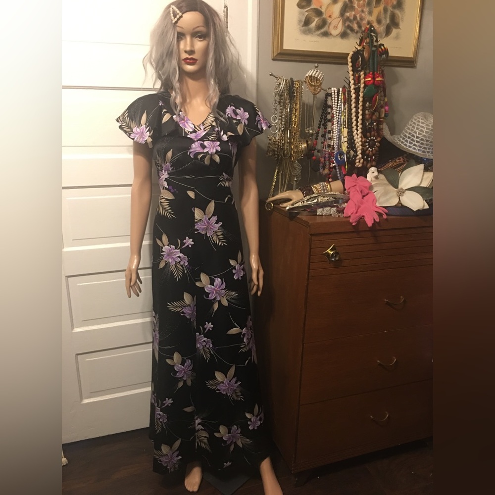 Vintage 90s Y2K Hawaiian Aloha Maxi Dress Poly-Satin Floral EUC sz 10